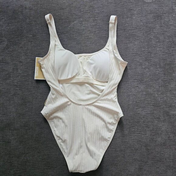 Michael Kors Women's bone Ribbed Square Tank One Piece Swimwear Swimsuit Size 8 - Picture 8 of 14
